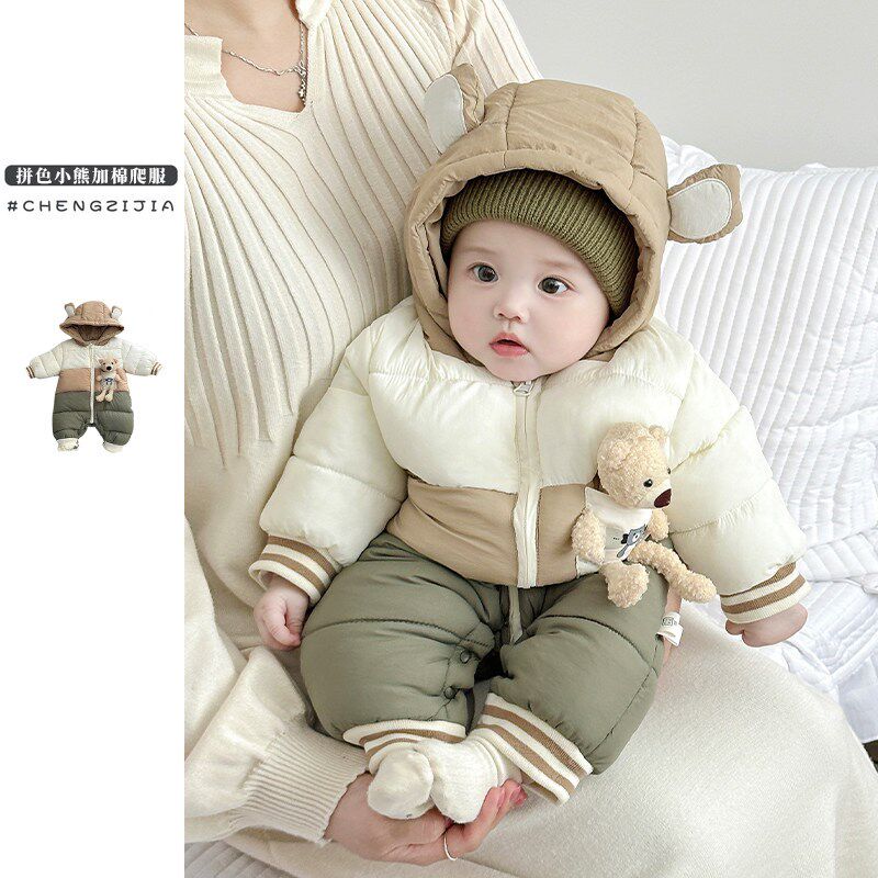 婴幼儿冬季拼色棉服洋气男童夹棉加厚连I体哈衣可爱女宝宝玩偶爬