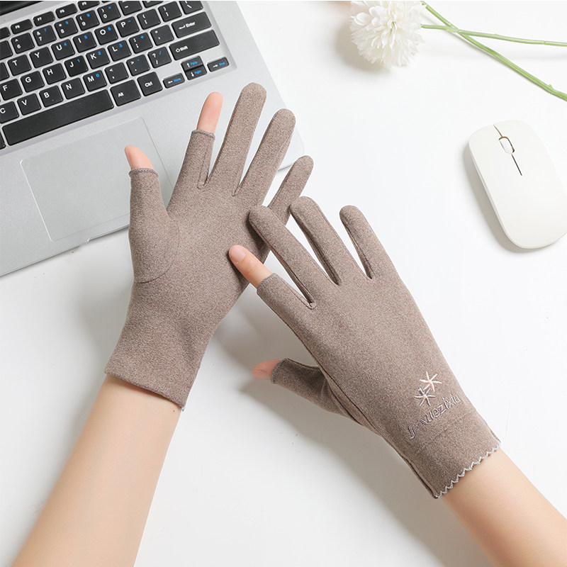 冬天手套女士春秋德绒保暖骑行冬季开车薄款骑车写字可触屏漏二指