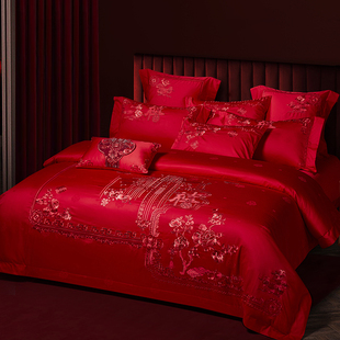 100s支全棉结婚四件套新婚大红色刺绣床上用品Q婚庆六十多件套喜