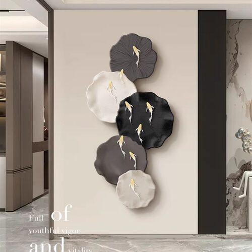 九鱼图入口装f饰画客厅沙发电视背景墙壁画入口门挂画带壁灯