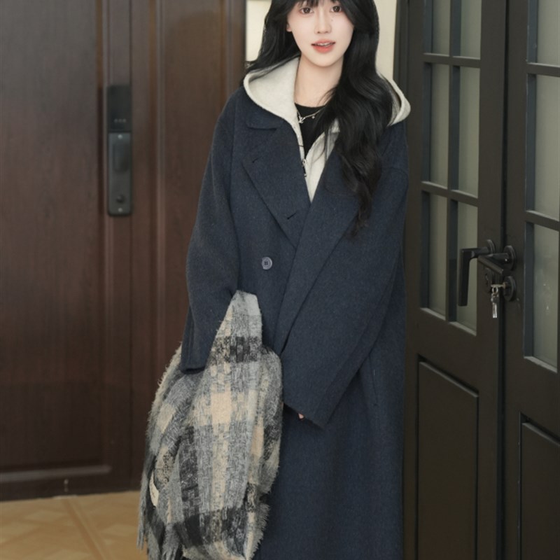 宽松气质百搭时尚中长款大衣女士秋冬款小个U子双面毛呢大衣