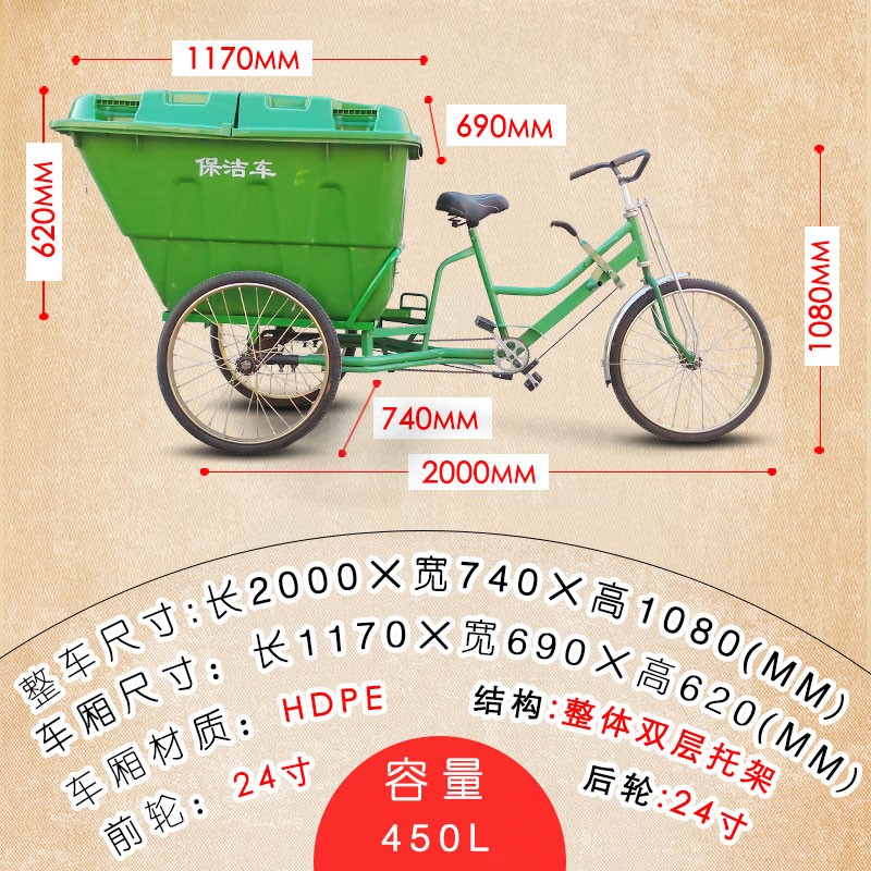 24寸人力三轮脚踏清o洁环卫车塑料箱封闭式自卸城市清扫环保垃圾