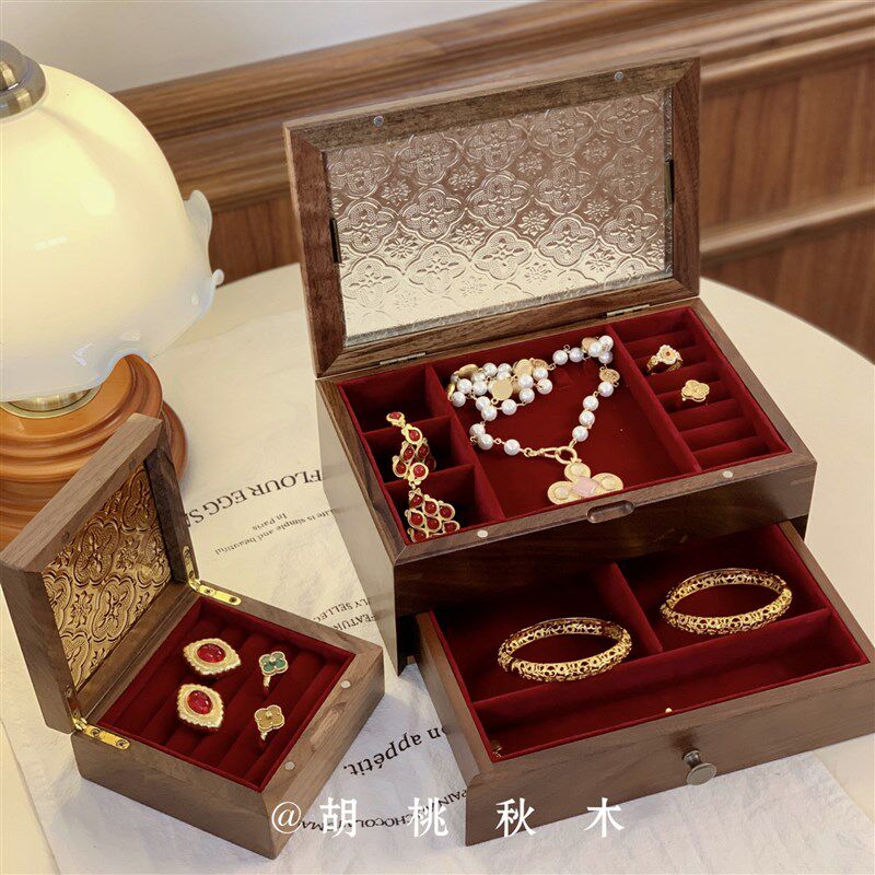 木质首饰盒木质双层收纳盒五金彩礼聘礼K海棠玻璃结婚订婚礼物礼