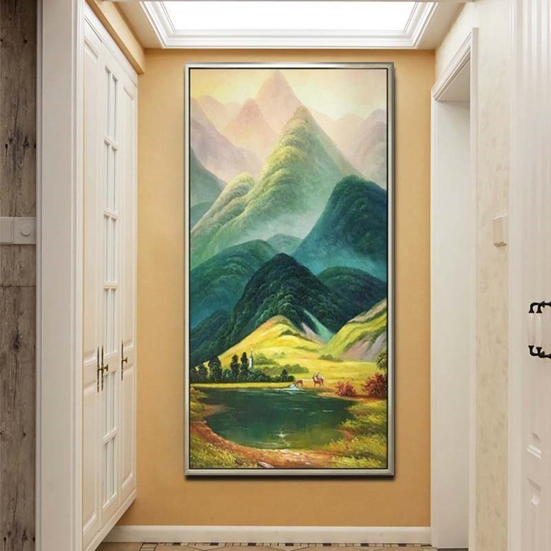 手绘油画巨人山风景现代山水画玄关装饰画招财鹿过道挂画壁画竖画图片