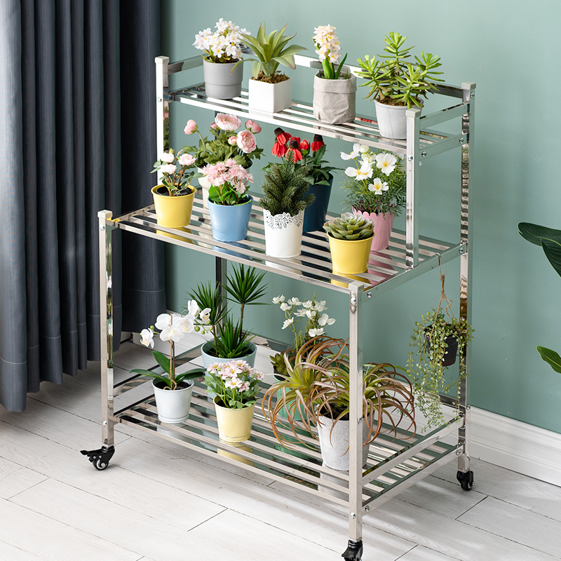 不锈钢花架阶梯落地式置物多层肉盆架子阳台室内客厅铁艺靠墙移动