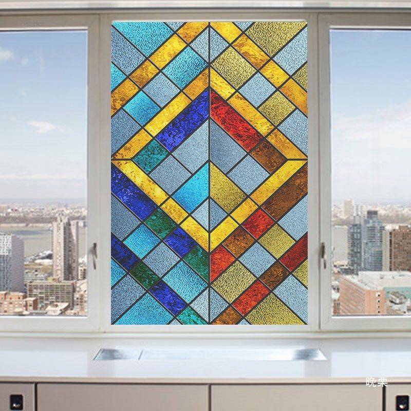 欧式教堂窗户玻璃贴纸厨房阳台门彩色复古艺术无胶磨砂贴膜防走光