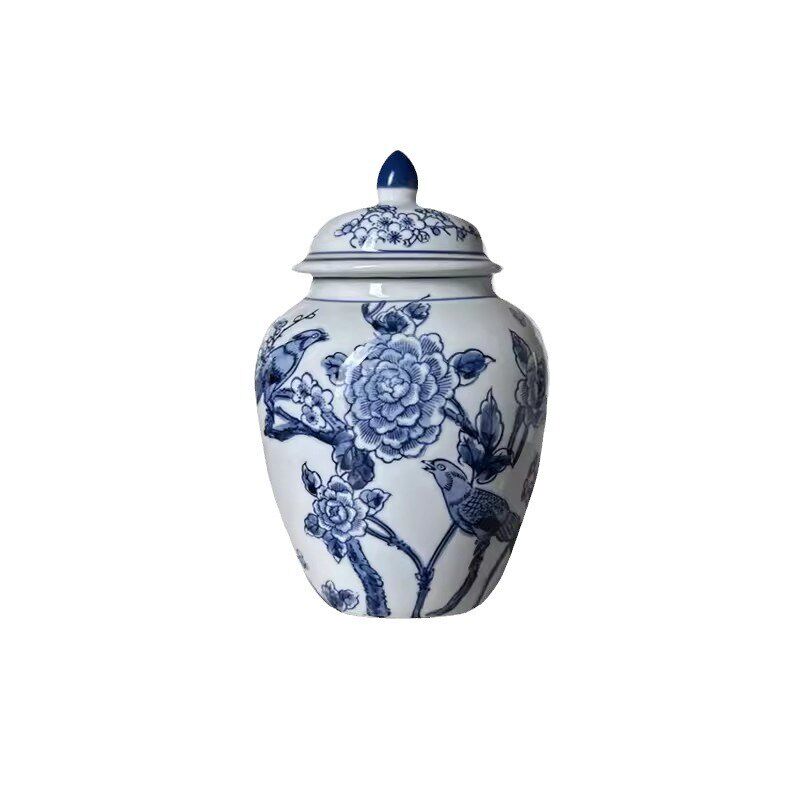青花瓷储物罐陶瓷花瓶摆件客厅插花仿古复古新中式彩绘圆肚花器