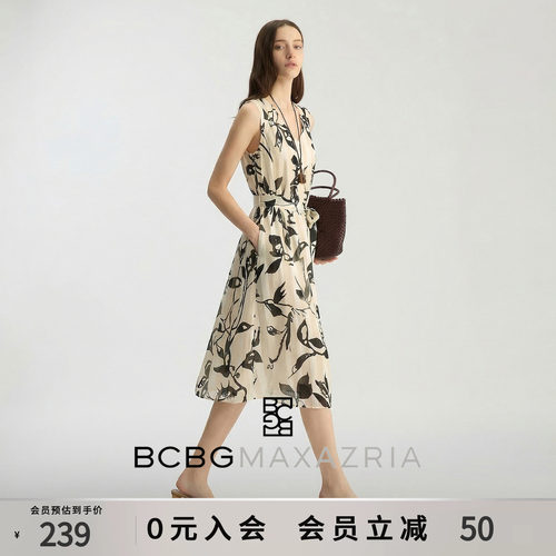 BCBG春夏女装时尚气质慢人风经典花卉印花系带收腰显瘦V领连衣裙