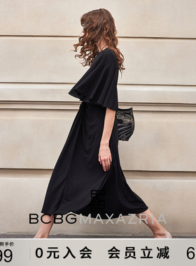BCBG万千裙装简约肌理垂感玄凛腰部扭结设计A字女士连衣裙夏纯色