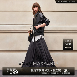 BCBG25早秋新款 休闲皮衣夹克外套女 简约通勤复古廓形落肩短款
