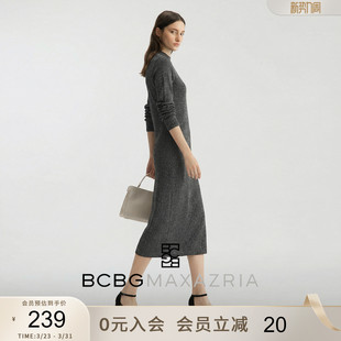 长袖 优雅显瘦重工银丝圆领修身 连衣裙长裙 设计感时尚 BCBG秋女装