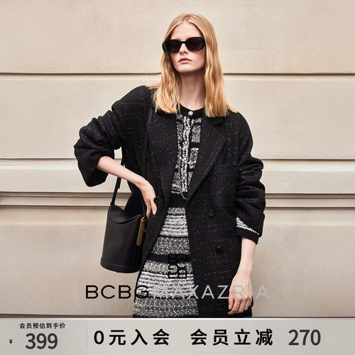BCBG秋女装时尚流行简约百搭通勤翻袖亮丝粗花呢西服小香风外套