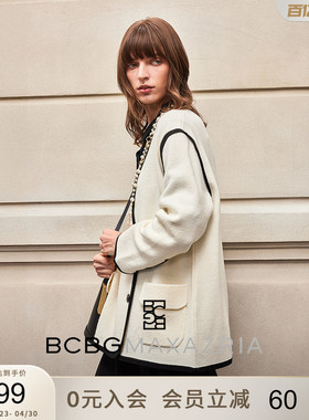 BCBG秋冬女装设计感简约撞色边双排扣V领小香风针织上衣宽松外套