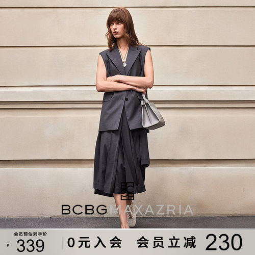 BCBG春秋设计感时尚百搭通勤廓形西装领智性灰无袖西服外套马甲