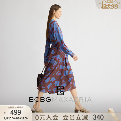 BCBG秋女装时尚流行气质花卉印花花边褶皱系带中长款连衣裙长裙