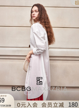 BCBG春秋款垂感显瘦长款文艺灯笼袖V领抽褶系带衬衫裙连衣裙白色