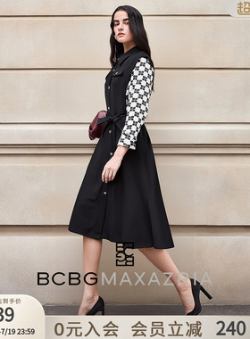 BCBG女装秋冬时尚慵懒风气质优雅设计感长袖印花拼接连衣裙中长款