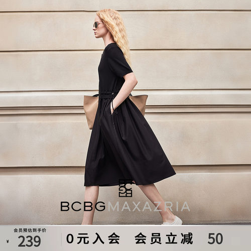 BCBG春夏简约百搭休闲夏日慢人风设计感拼接v领收腰显瘦连衣裙女