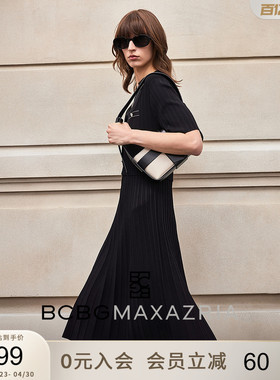 BCBG夏季银丝翻领经典气质休闲通勤收腰显瘦针织连衣裙女士小黑裙