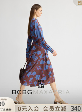 BCBG秋女装时尚流行气质花卉印花花边褶皱系带中长款连衣裙长裙