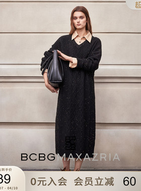 BCBG秋冬女装气质优雅简约休闲通勤金色珠片绞花粗针毛衣连衣裙