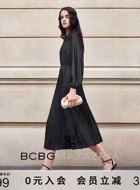 BCBG春夏优雅简约时尚通勤休闲小众灯笼袖百褶显瘦连衣裙小黑裙女