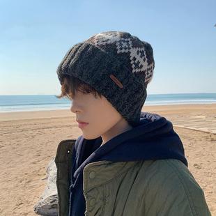 费尔岛毛线帽男冬季帽子男士包头秋冬针织帽男生黑色加绒冷帽男生
