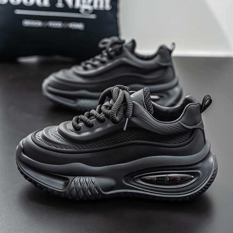 新品潮牌男鞋夏季潮流百搭小众高级面包老爹鞋黑色皮面防水休闲运