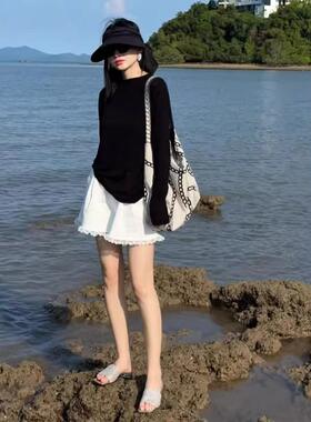 新品圆领宽松亚麻镂空针织防晒空调衫女早秋灰色长袖外搭上衣薄款