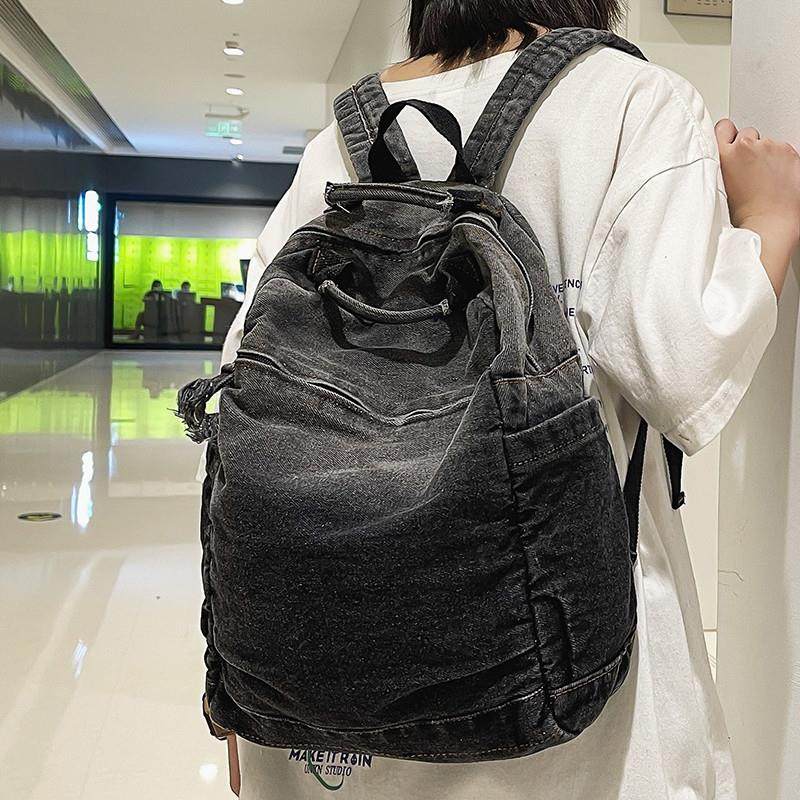 新品双肩包背包书包时尚韩版潮流软面流浪慵懒风牛仔布渐变扎染校