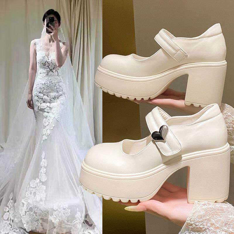 新品12cm主婚纱神器厚底松糕鞋结婚婚鞋轻便粗跟增高玛丽珍鞋高跟