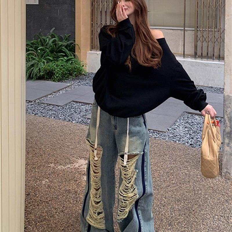 新品美式慵懒老钱风黑色斜肩一字肩卫衣女秋冬季宽松显瘦长袖露肩