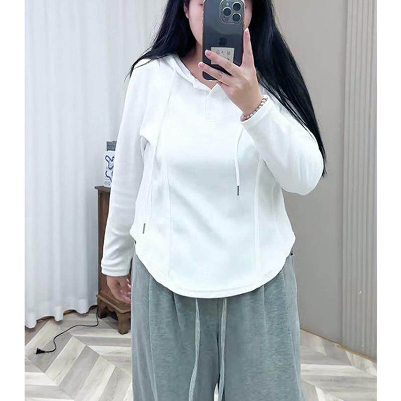新品大码设计感连帽卫衣女春秋胖mm遮肚子显瘦不规则鱼骨短款正肩
