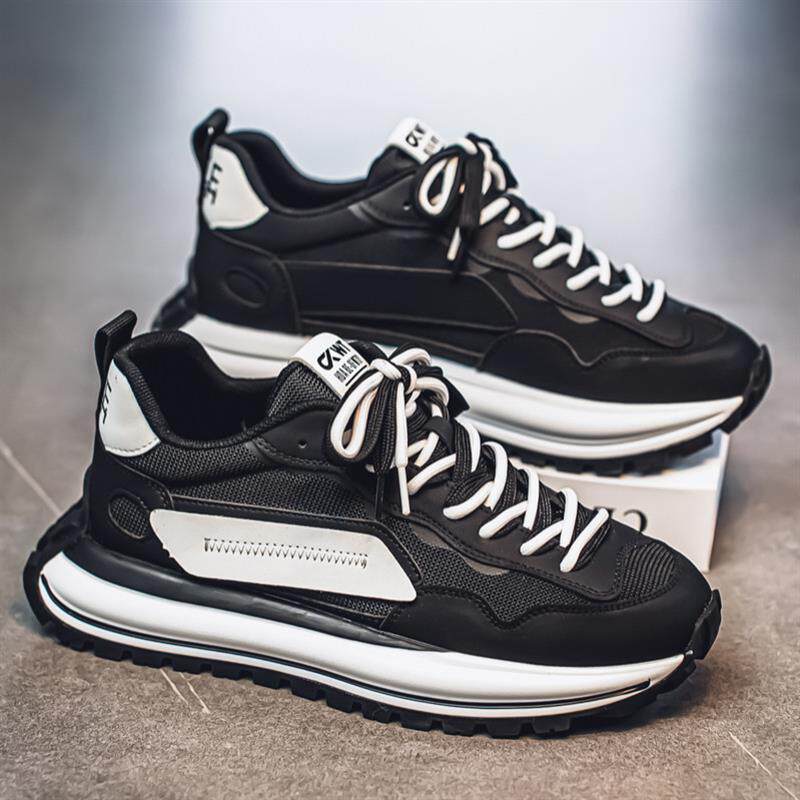 新品男鞋2026新款夏季网面透气百搭跑步运动鞋厚底潮流休闲黑色老