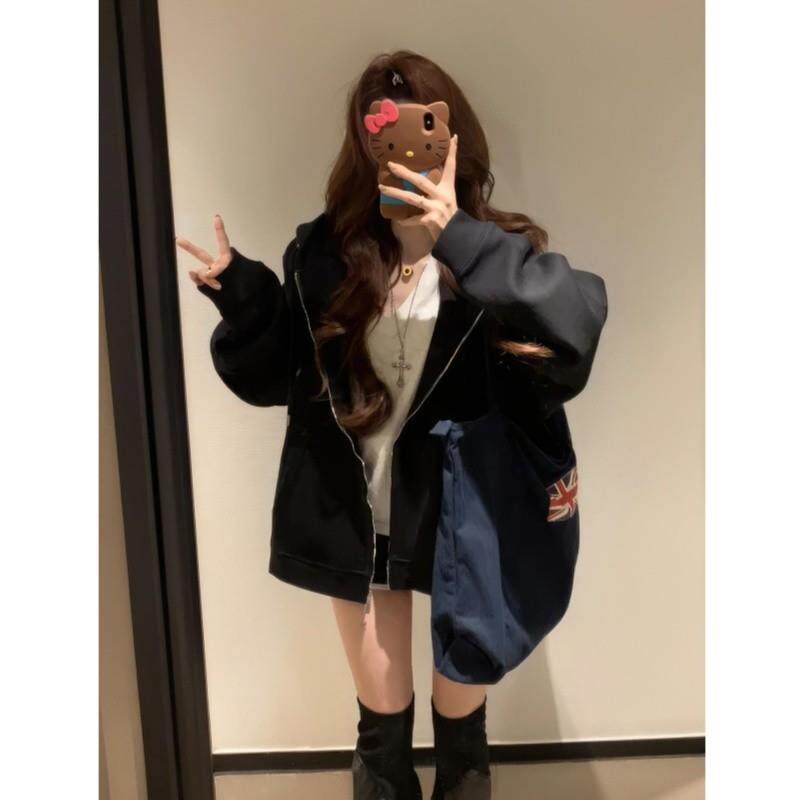 新品黑色卫衣外套女2025新款宽松秋冬季显瘦拉链开衫冬季加绒加厚