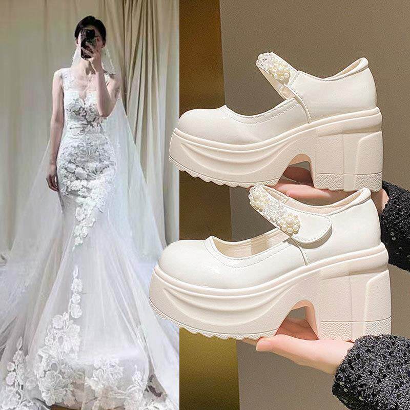 新品高跟鞋婚鞋女主婚纱神器松糕厚底粗跟新娘鞋白色珍珠玛丽珍单