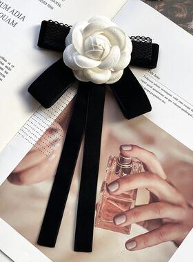 推荐韩版白色山茶花丝带领结衬衣领花胸花学院风胸针蝴蝶结领口别
