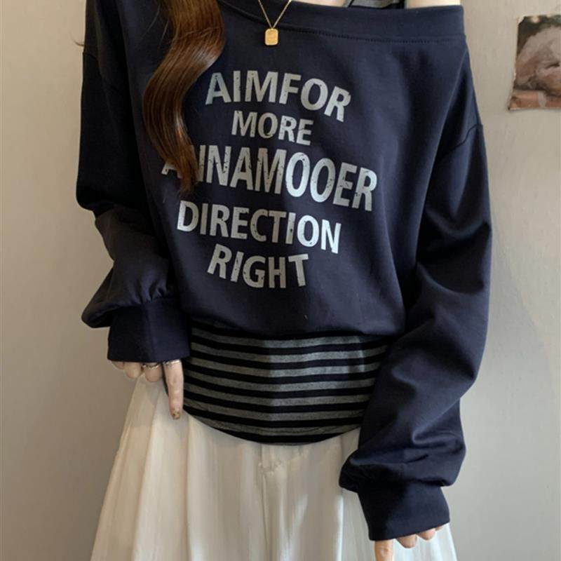 新品设计感露肩卫衣打底衫女款春秋2025大码胖mm短款假两件背心式