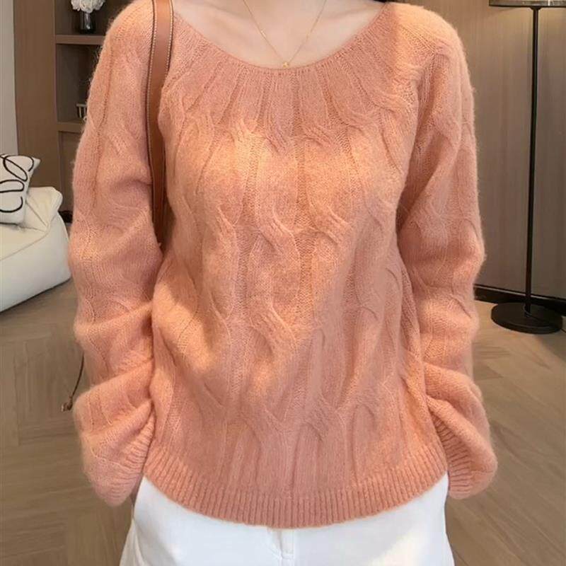 新品橘色针织衫女2025秋冬新款套头麻花毛衣宽松慵懒风高级感长袖