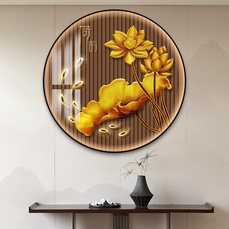推荐荷花九鱼图新中式玄关装饰画客厅背景墙挂画莲花国画圆形壁画
