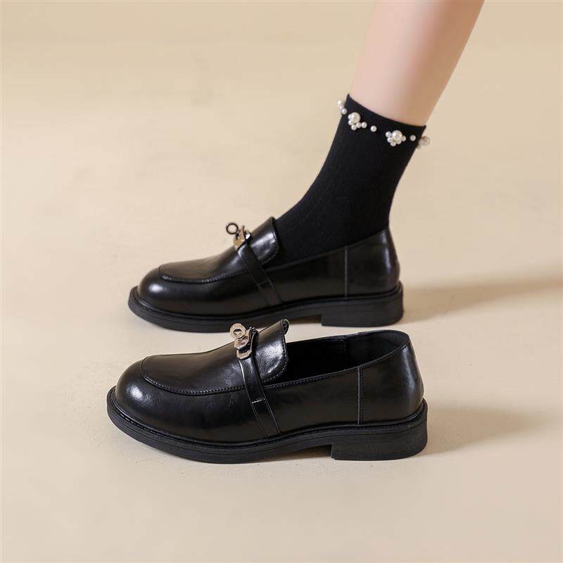 新品乐福鞋女款2026新款春季配裙子英伦风小皮鞋一脚蹬黑色单鞋子