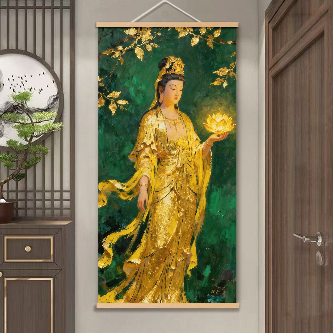 金色观音侧脸实木挂画新中式禅意茶室书房客厅玄关免打孔装饰墙画
