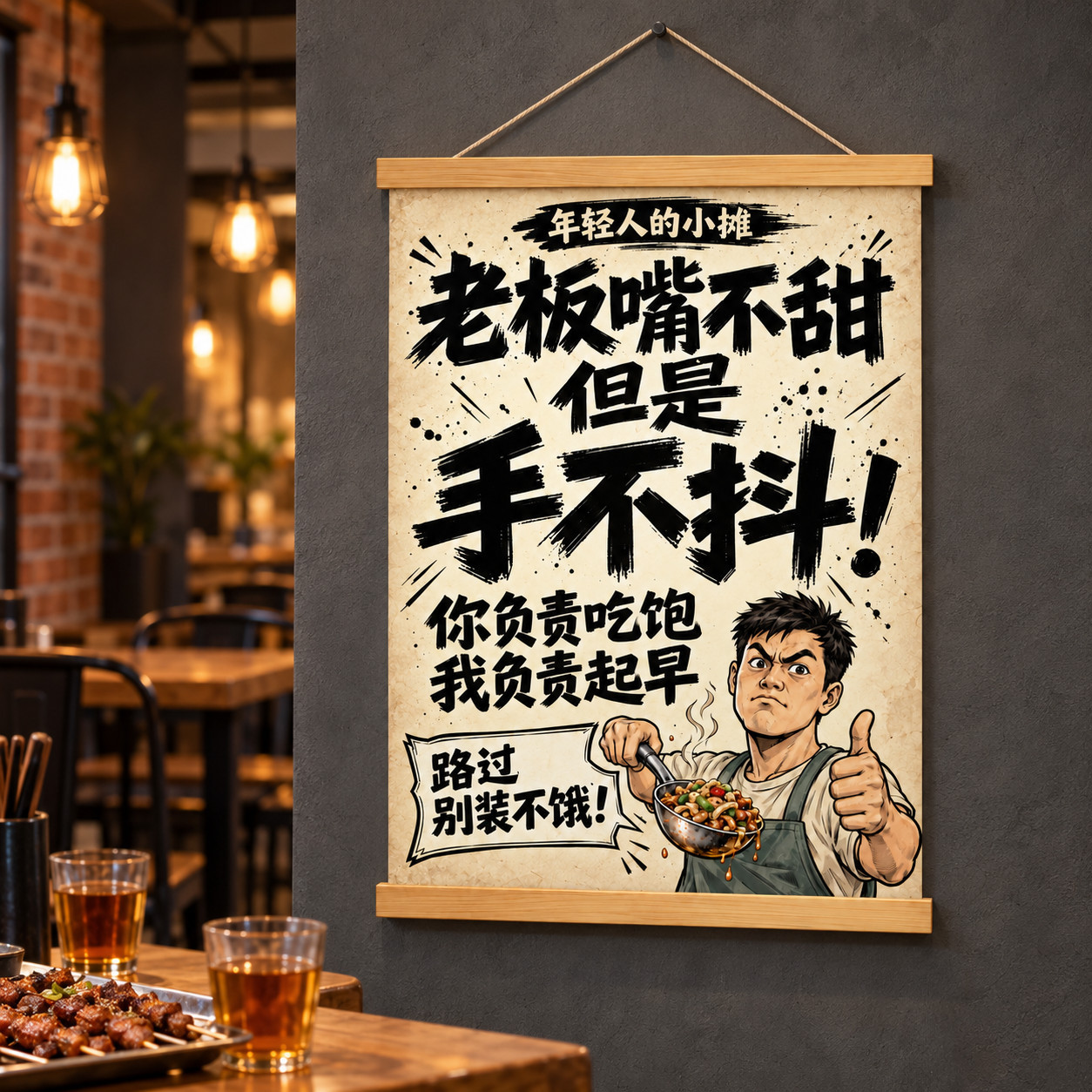 网红搞怪文字装饰画小吃摊面馆烧烤店挂画实木卷轴挂画摆摊引流