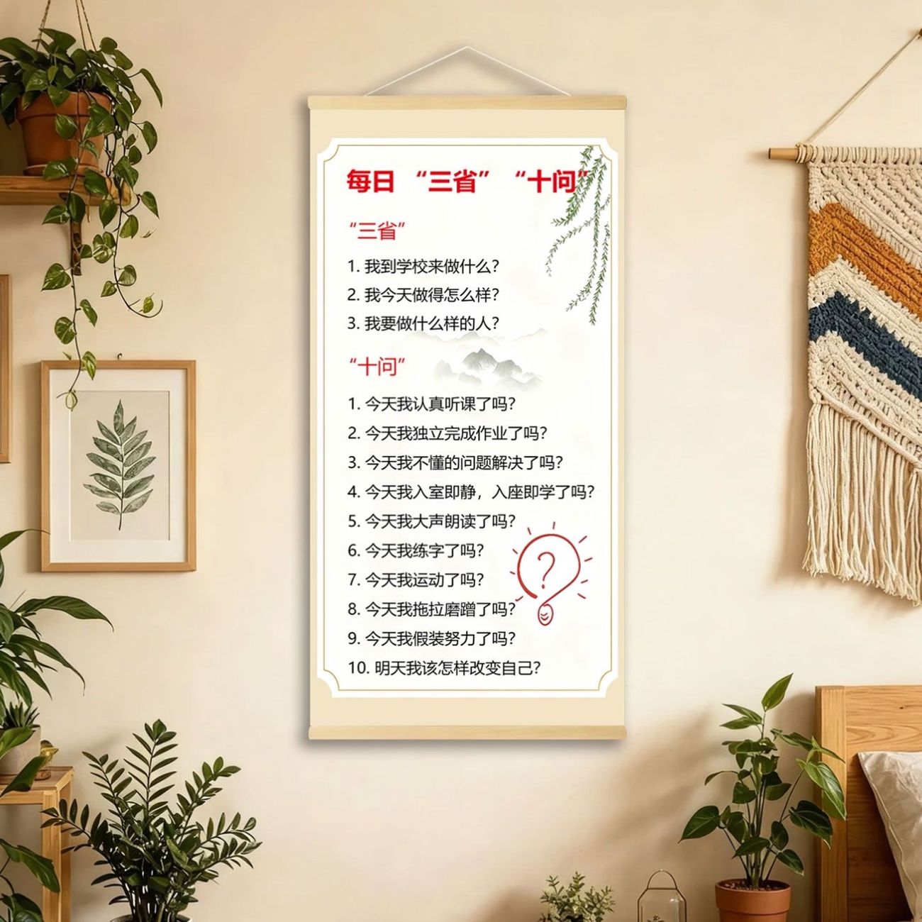 每日三省十问挂画书法家训语录学生书房间装饰画卧室客厅卷轴壁画