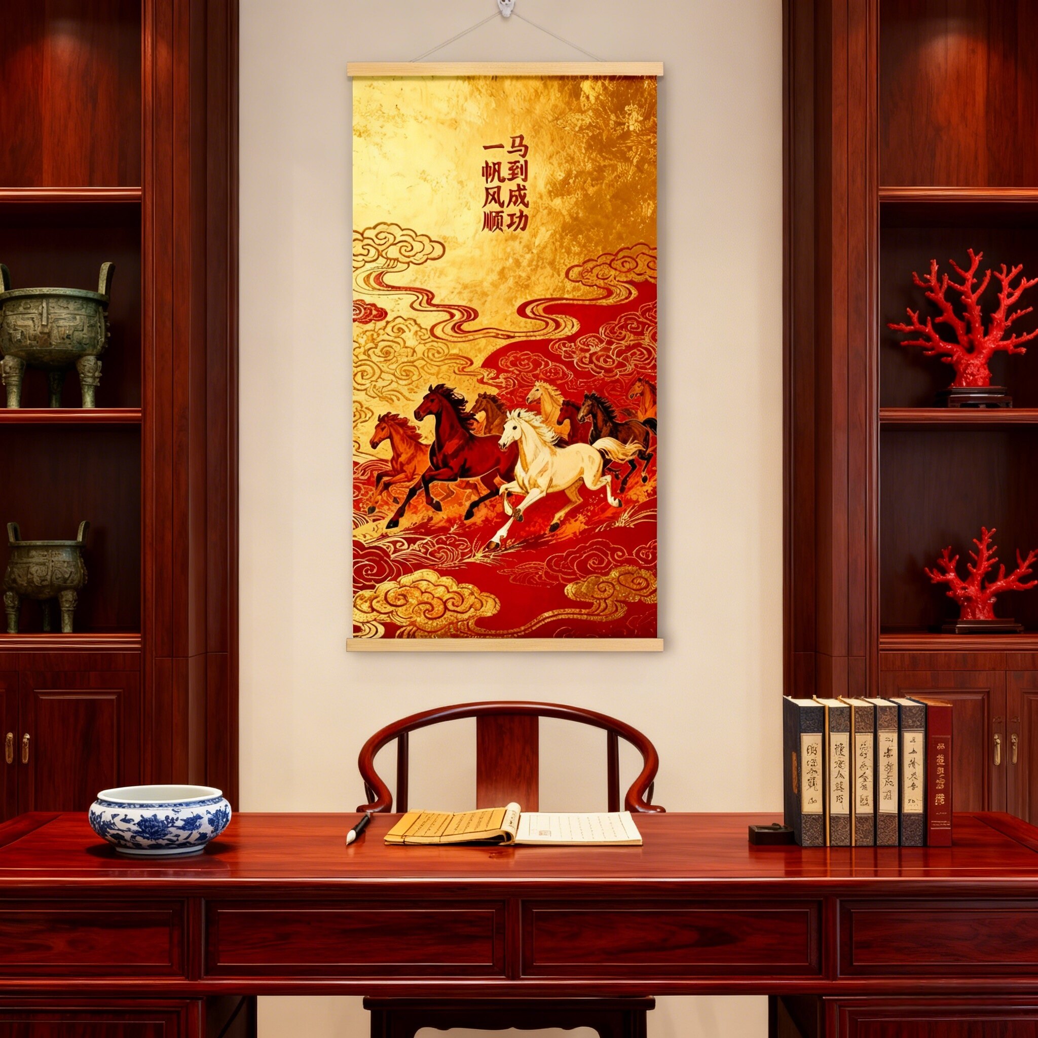 八骏马图马到成功国画一帆风顺字画客厅办公室壁壁画定制装饰挂画