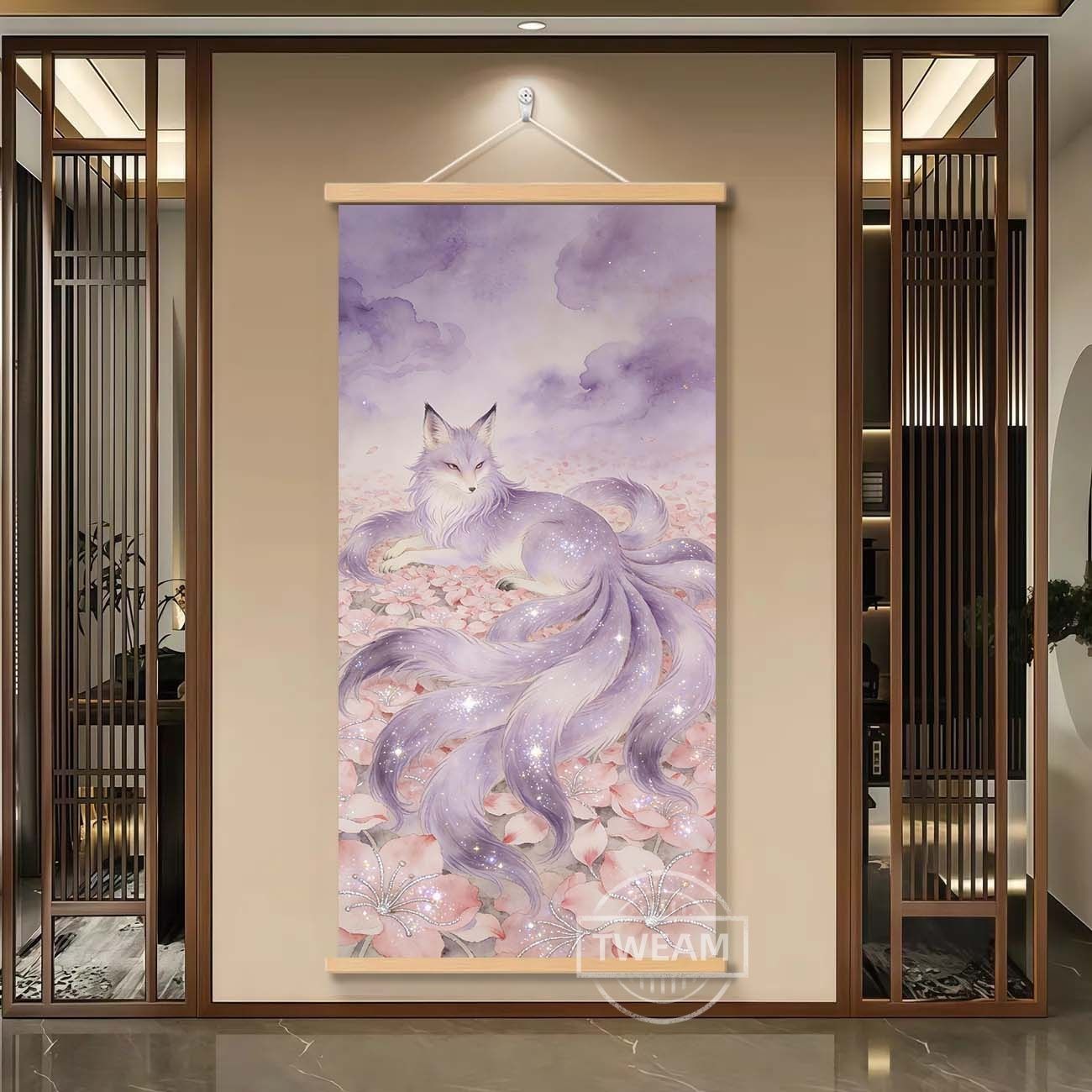 祥瑞招正财九尾狐挂画客厅家居卷轴装饰画旺宅招财灵狐挂画