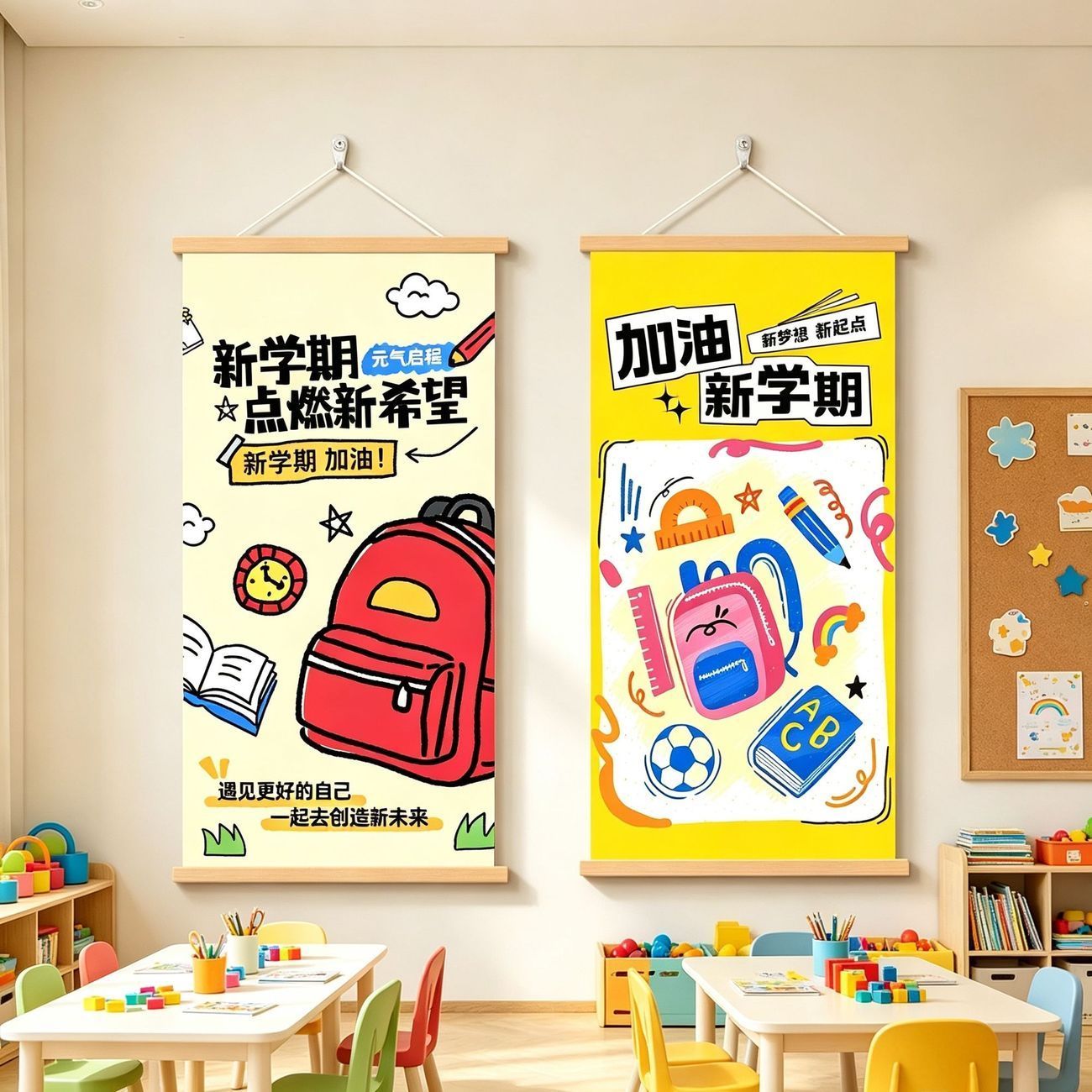 新学期励志迎新手绘风挂画幼儿园小学教室开学打气装饰画实木墙画