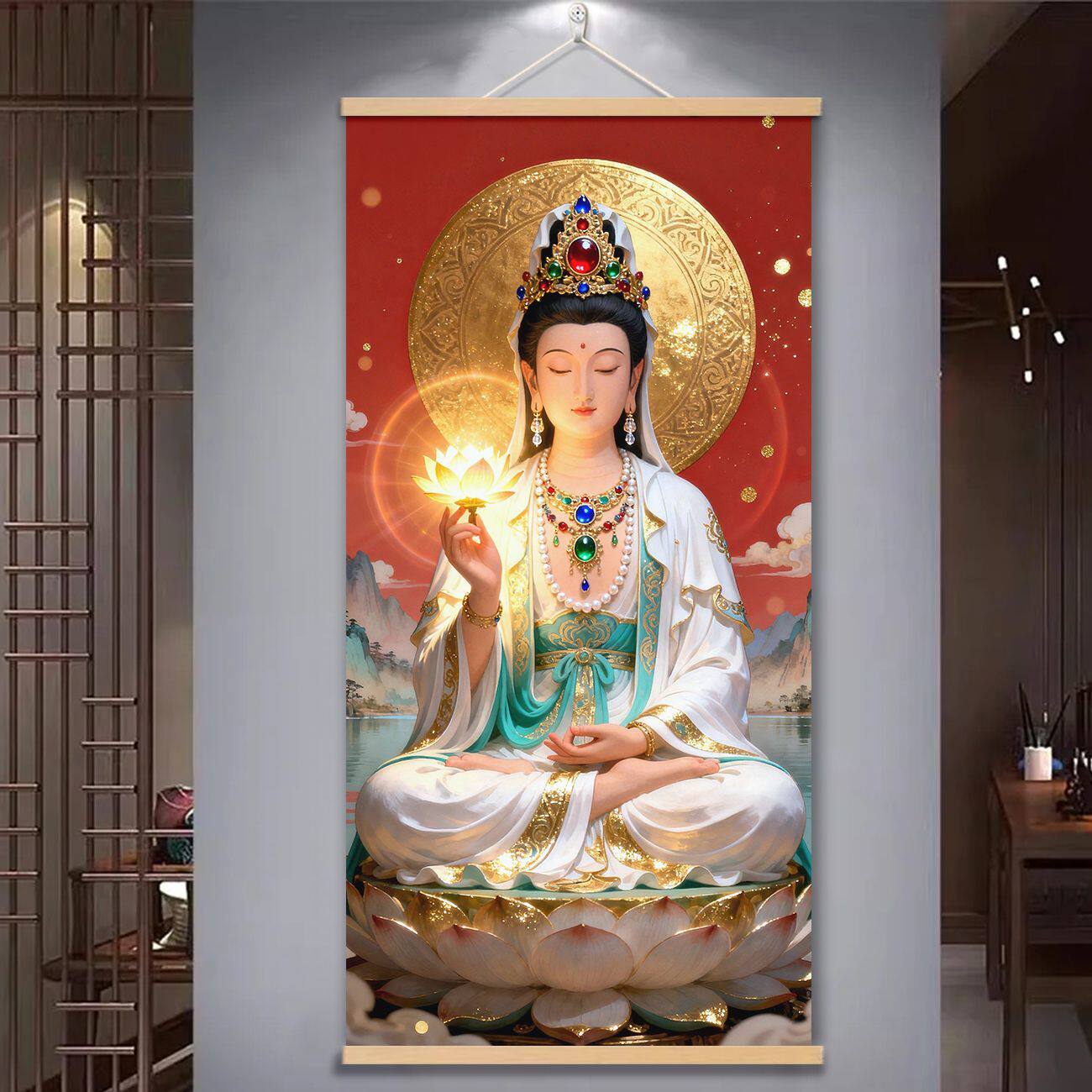 结缘观音菩萨画像挂画莲花观音供奉阿弥陀佛客厅玄关装饰挂画