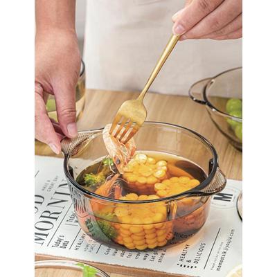 茶色玻璃煲带盖家用耐热碗微波炉泡面碗沙拉拉面双耳玻璃碗带把手