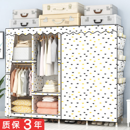 实木组装简易布衣柜组合加粗加厚加固布艺家用卧室租房出租屋挂衣